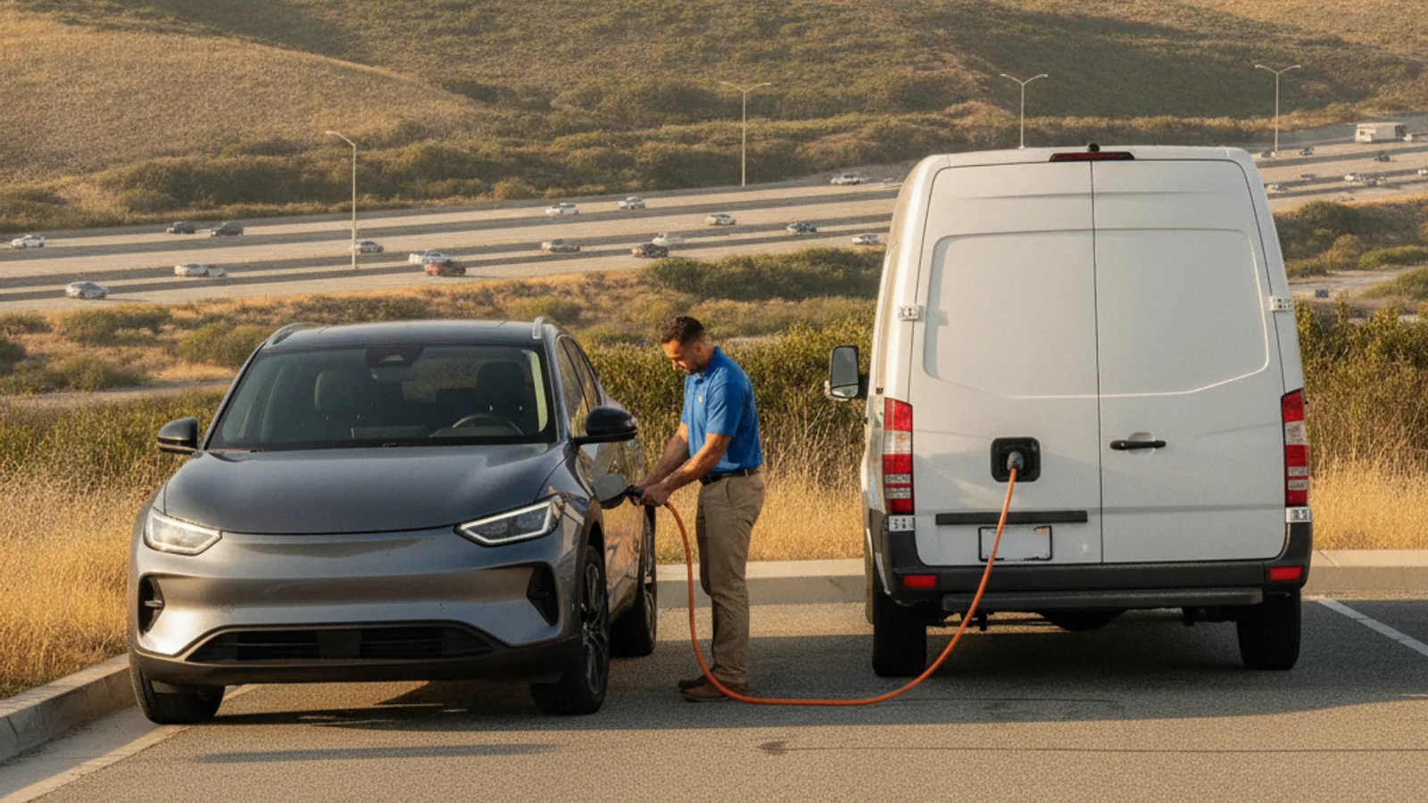 An operator vehicle with a charging cable running to a stranded EV on a steep grade road, trees lining the shoulder, late afternoon sun.