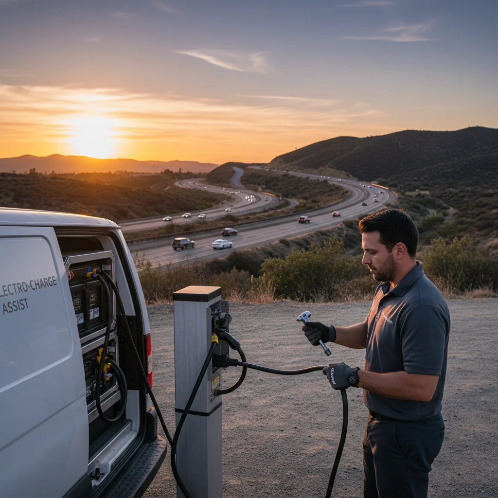 An electric car stopped on a paved shoulder as a charging van approaches