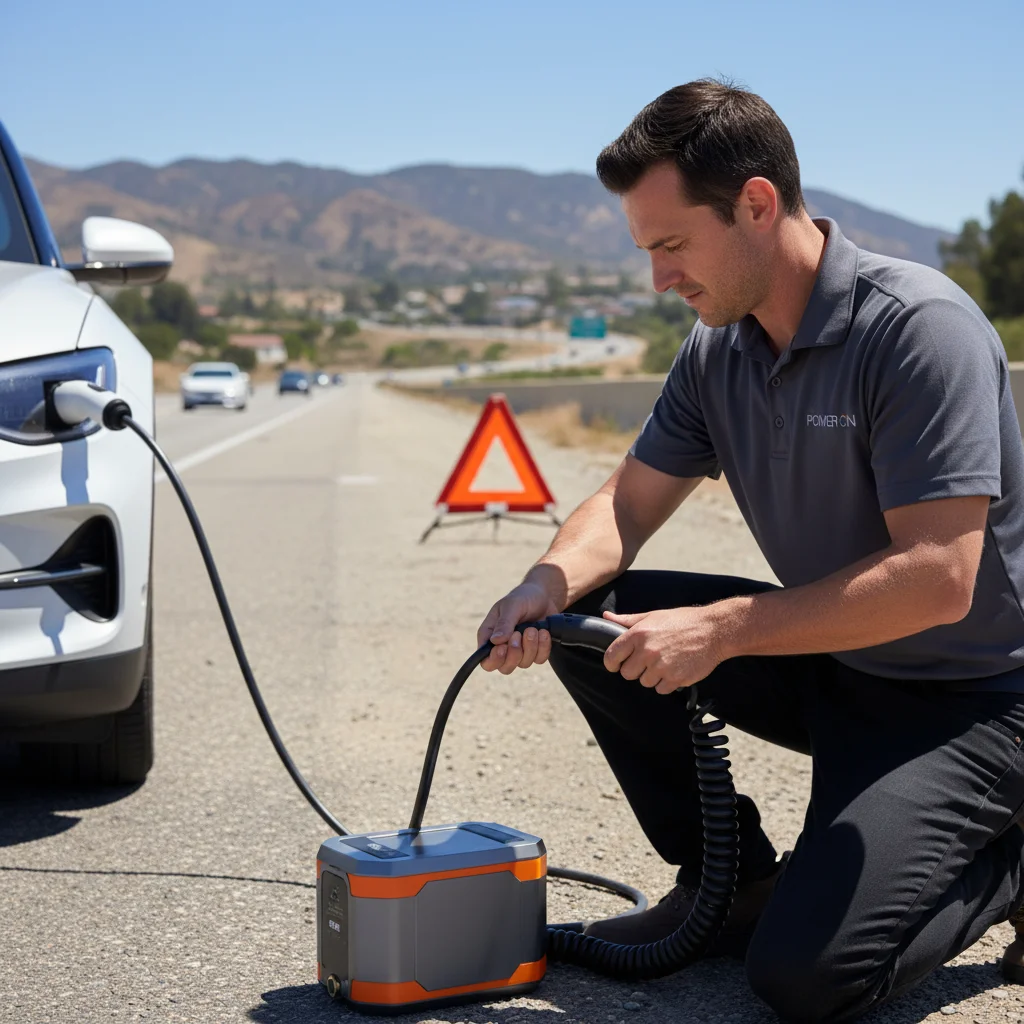 A technician connecting a portable charger to an EV on a quiet street