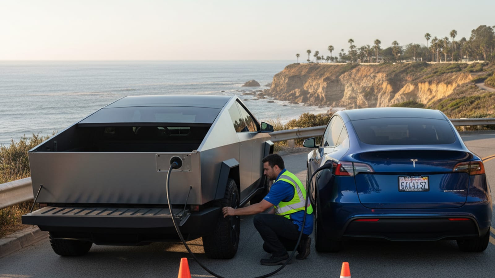 An operator vehicle with a charging cable running to a Tesla parked at a roadside pullout on a forested mountain grade, trees crowding the shoulder.