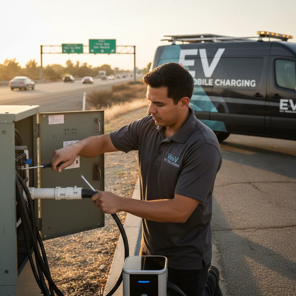 Person connecting a charging cable to a parked electric SUV on a quiet street