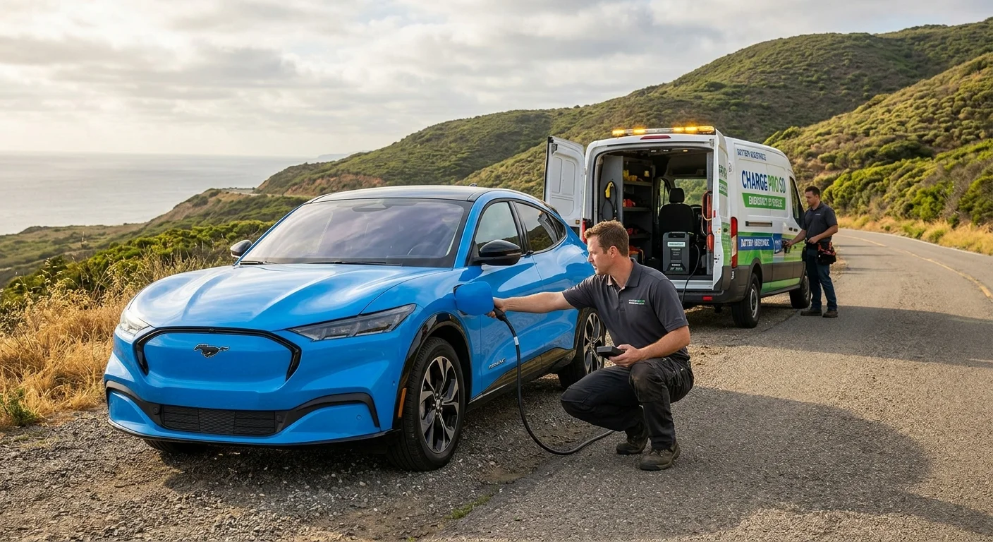 A technician connecting a charging cable to an EV parked near the Menlo Park campus area.