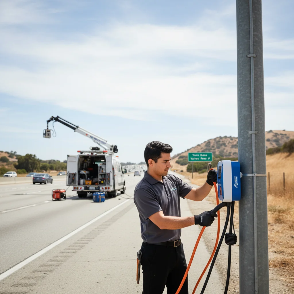 Electric car stopped on a freeway shoulder with a charging cable at the port
