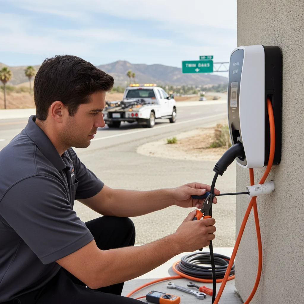 Technician in a work jacket plugging a portable charger into an EV on a street