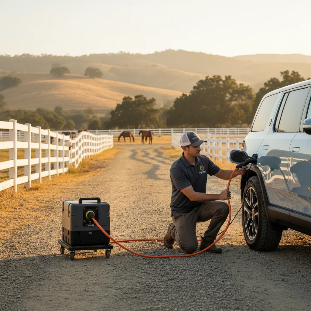 Technician plugging a portable charger into an EV parked beside a rescue van on a driveway