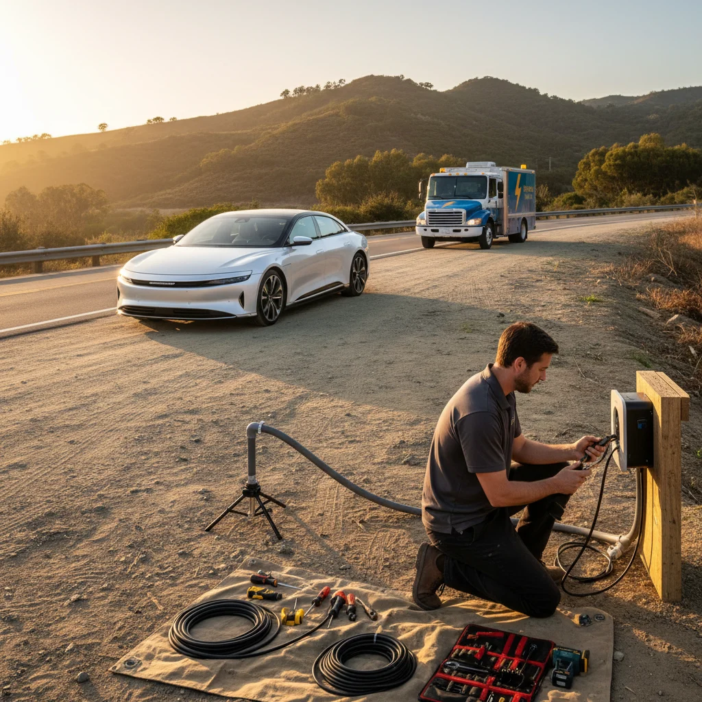 An electric car stopped on a paved shoulder with a driver waiting beside the closed door.