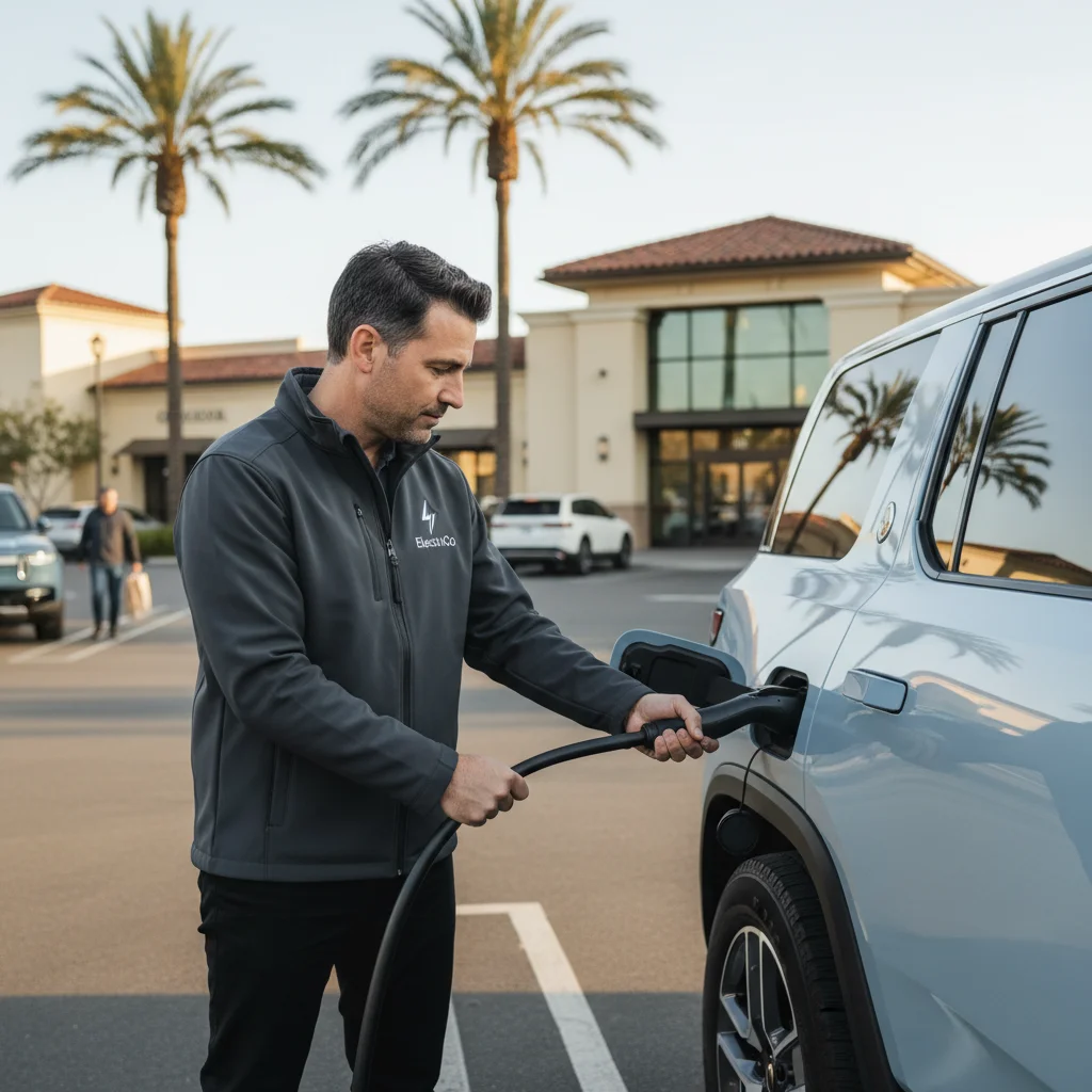 A technician connecting a portable charging cable to an EV parked in a lot.