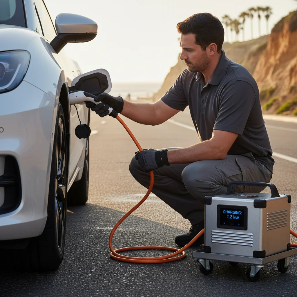 A person connecting a charging cable to an EV sitting along a roadside