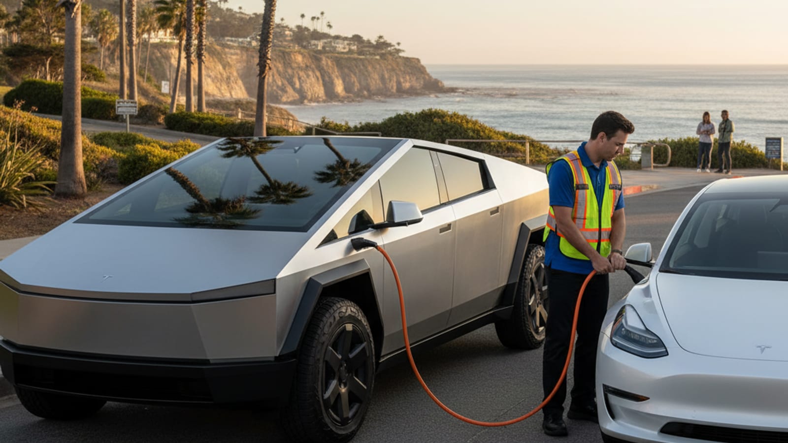 An electric car parked at a curb with a driver standing by the closed door.