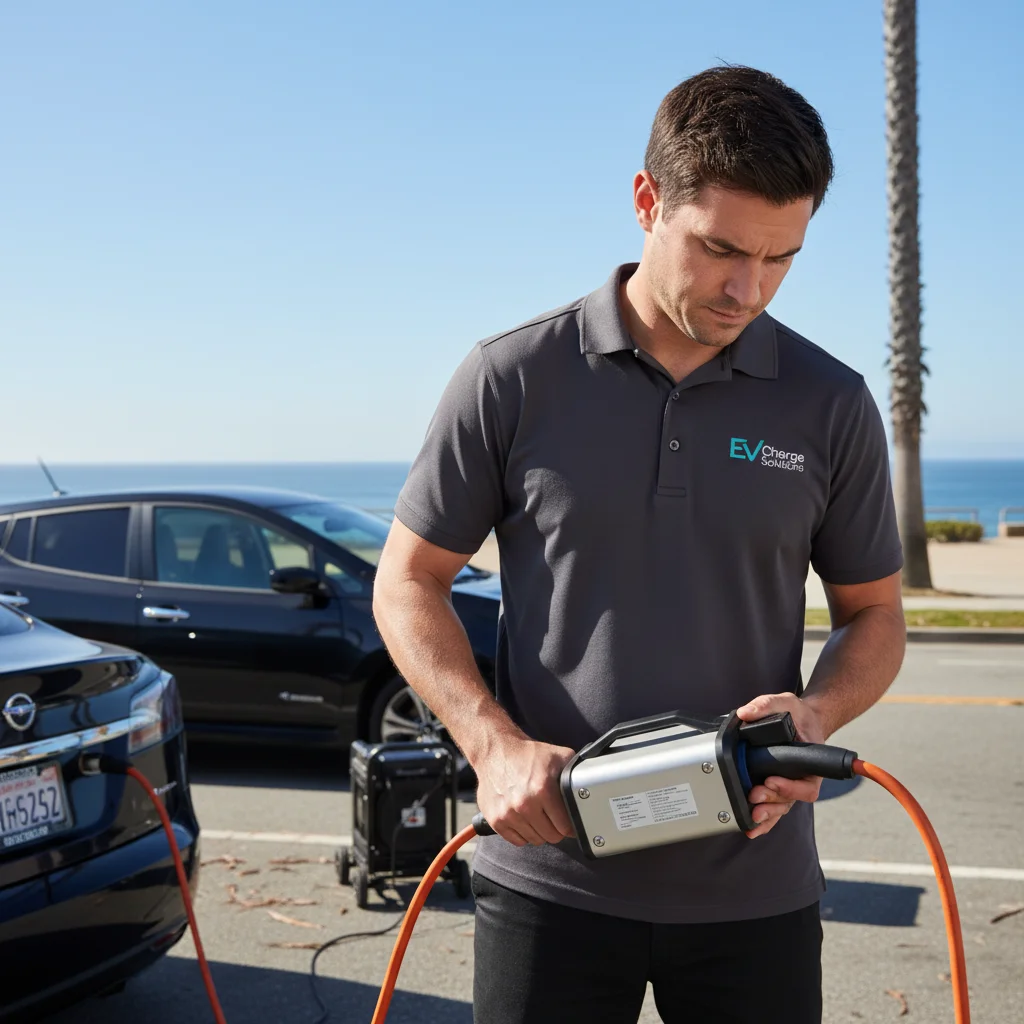 A technician seating a portable charging cable in an EV charge port.