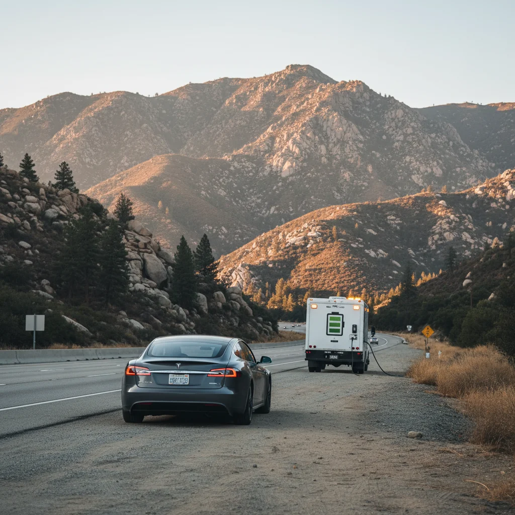 An electric car stopped on a freeway shoulder with a driver standing beside it