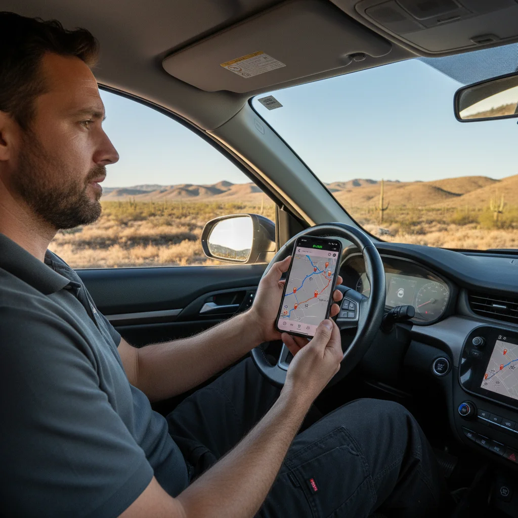 A driver standing beside a stopped EV on a highway shoulder looking at a phone