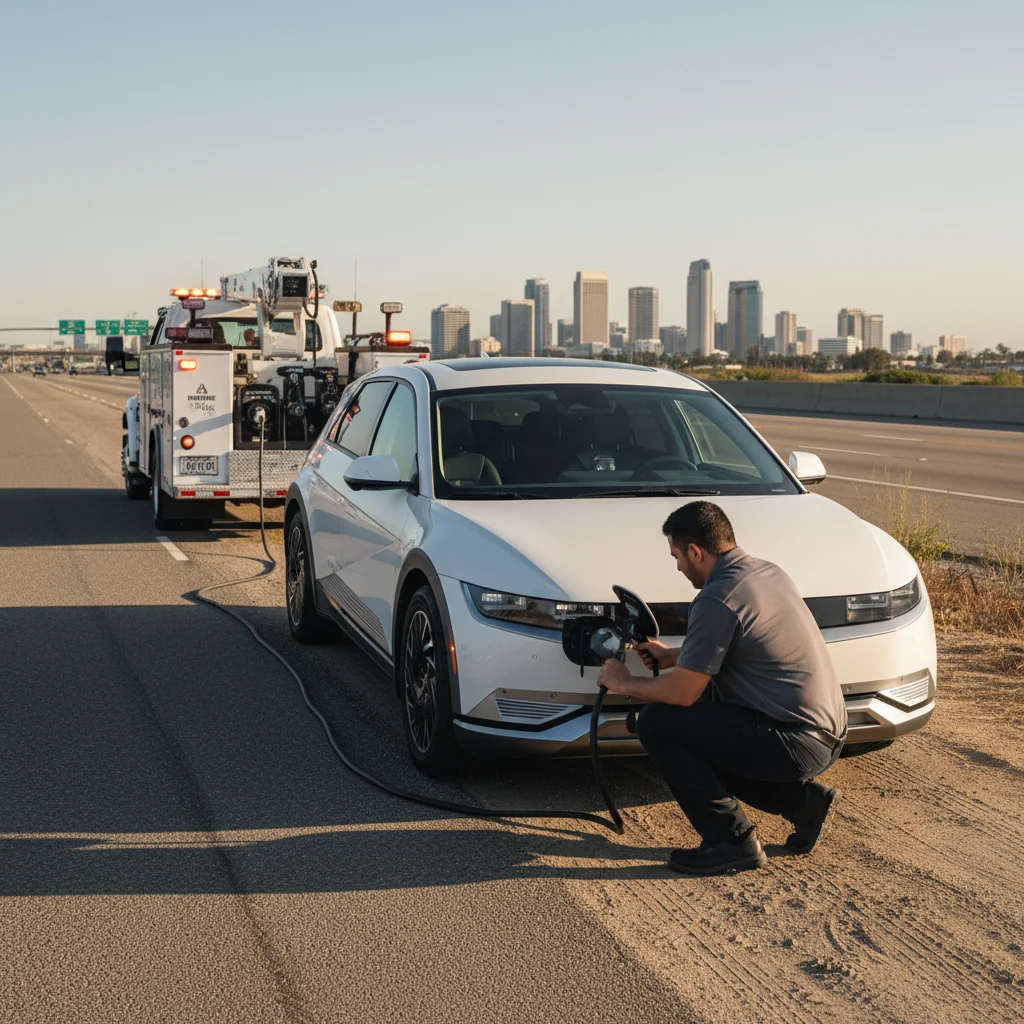 An electric car stopped on a paved freeway shoulder with hazard lights on