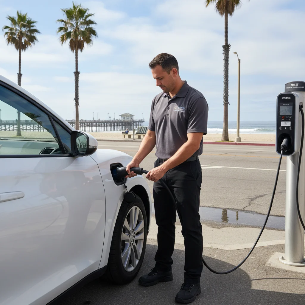 A charging cable plugged into an EV beside a roadside service van
