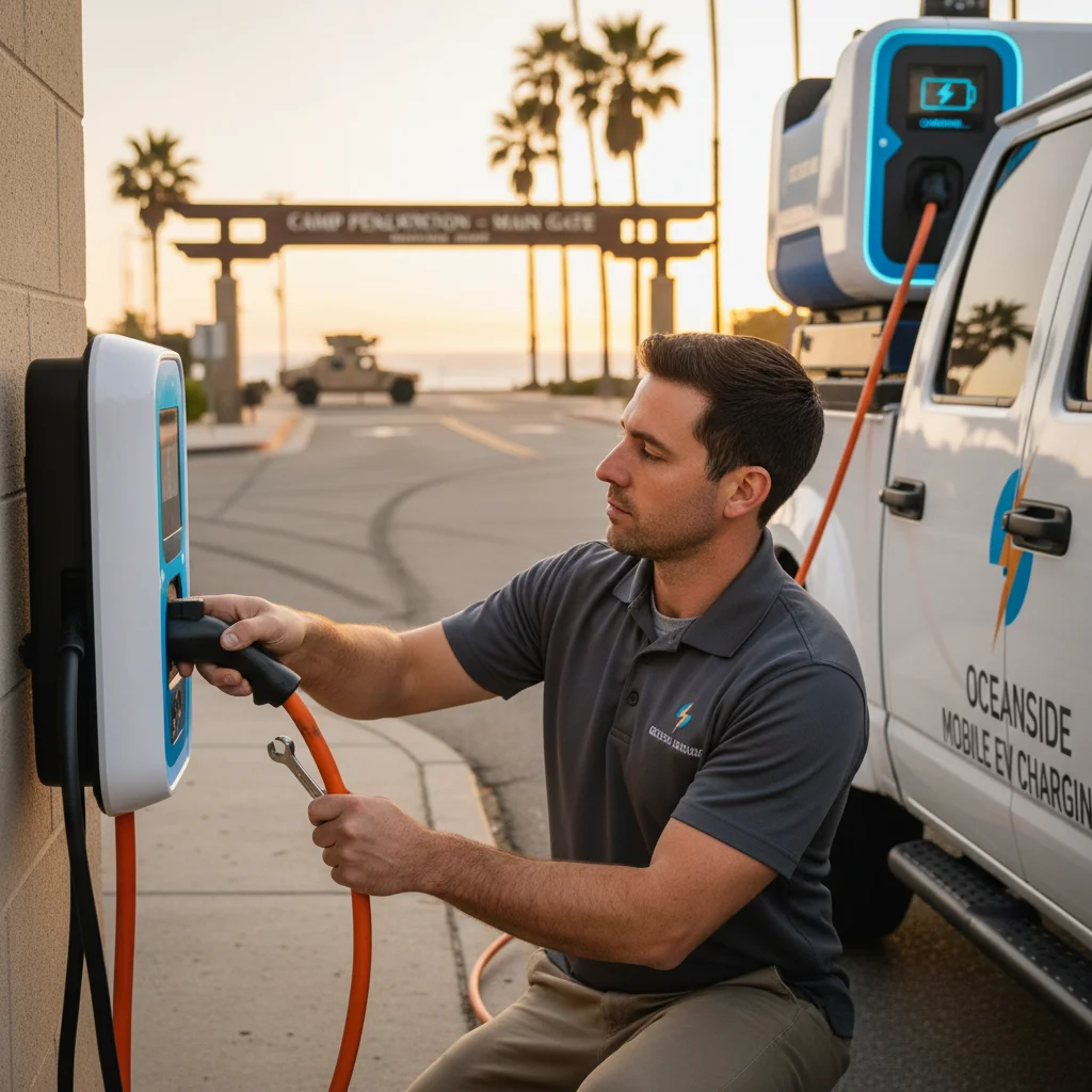 Mobile charging van beside an EV on a paved shoulder with a cable connected