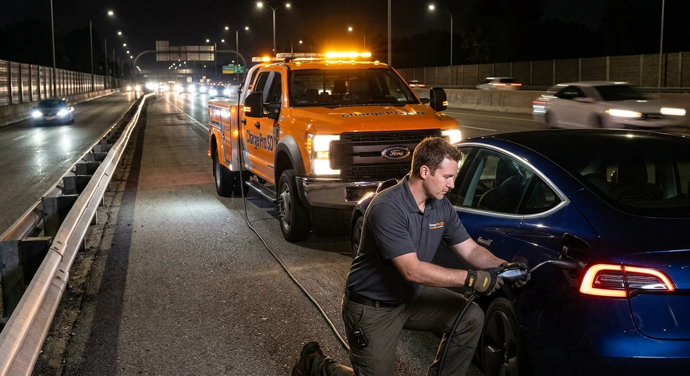 A dark electric car on a paved highway shoulder at night, with a rescue truck's lights on the scene behind it