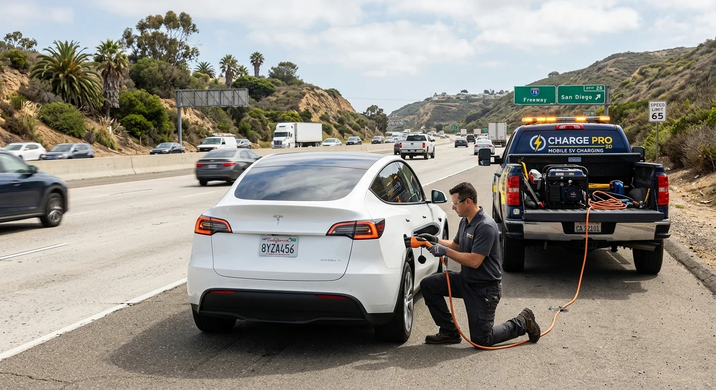 A Tesla on a paved roadside shoulder with lights off and a person waiting by the door