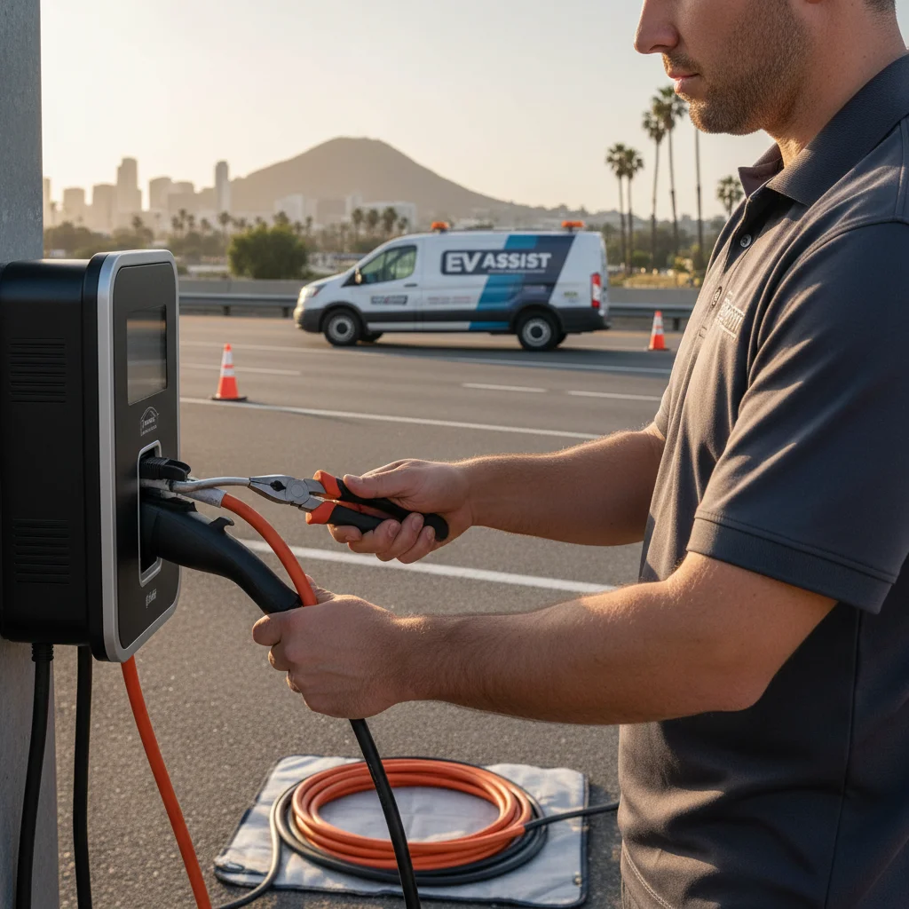 Technician plugging a portable charger cable into an EV at the curb