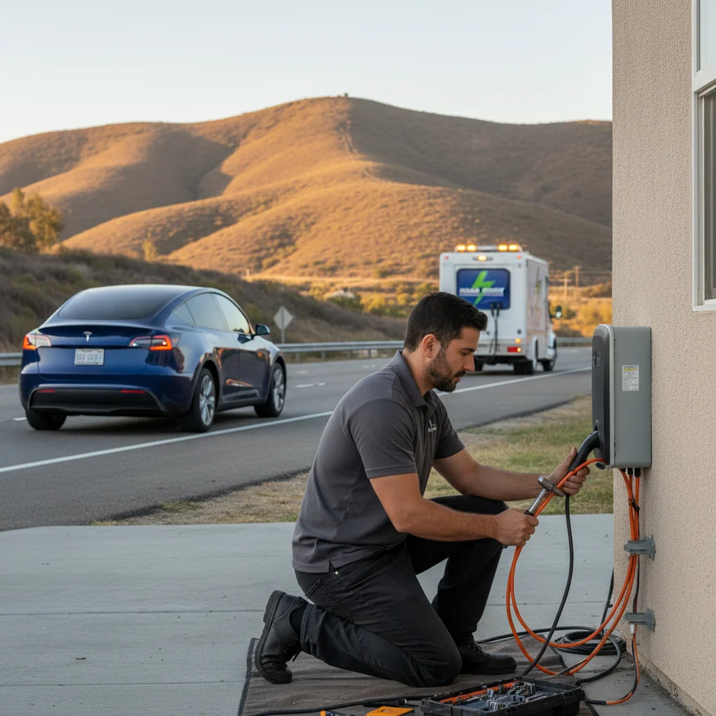 A dark EV sits on a freeway shoulder while a van behind it runs a charging cable to the charge port.