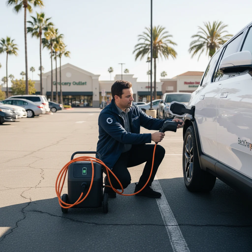 A technician works at an open EV frunk with jumper cables on a small 12-volt battery.