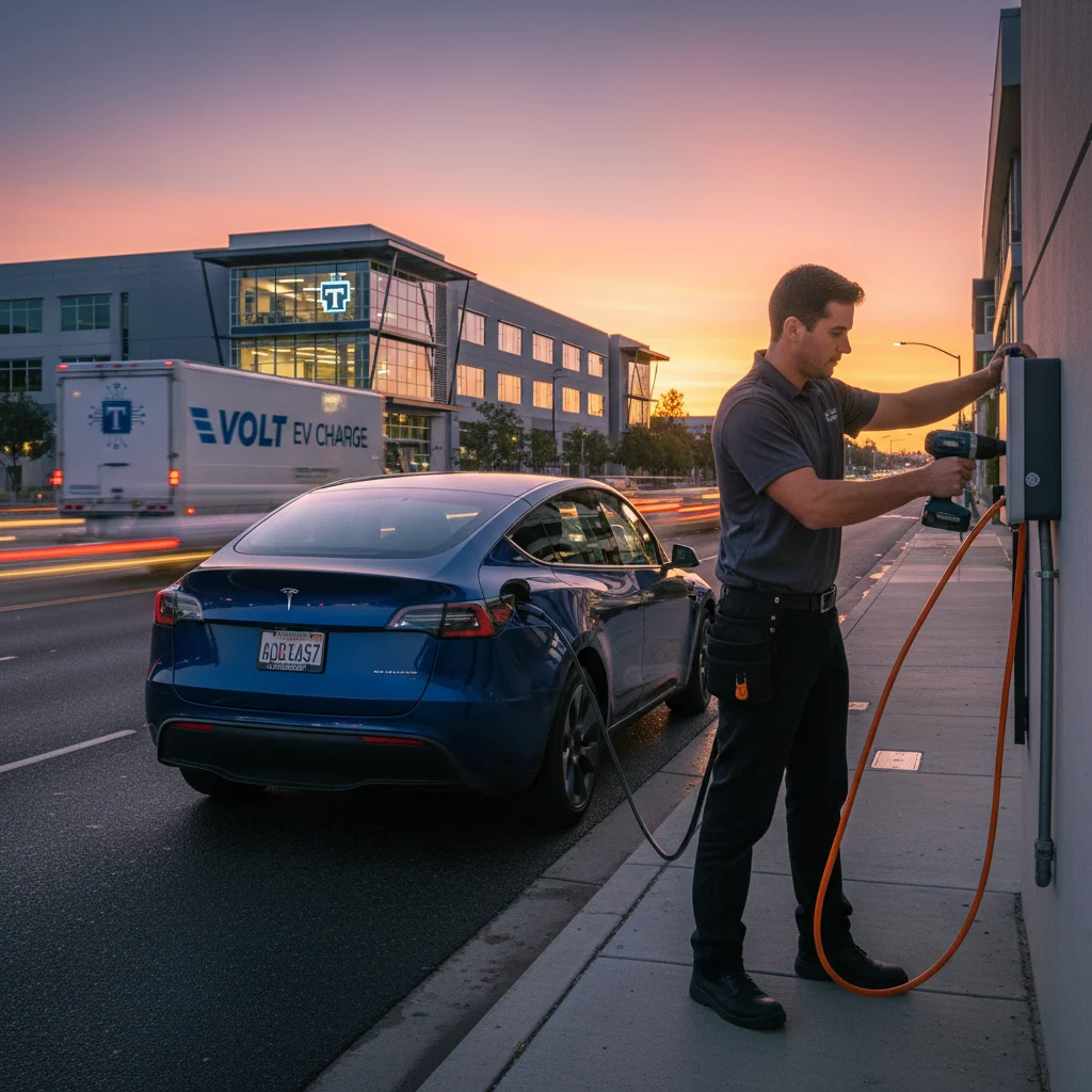 An electric SUV parked in a wide lot while a driver checks a dark dashboard