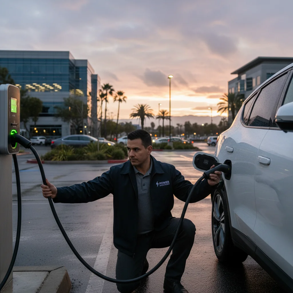A technician plugging a charging cable into an electric car in a parking stall