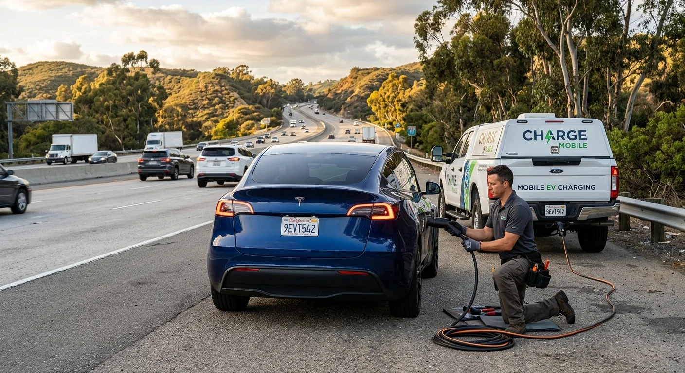 An electric SUV stopped on a paved shoulder with hazard lights on