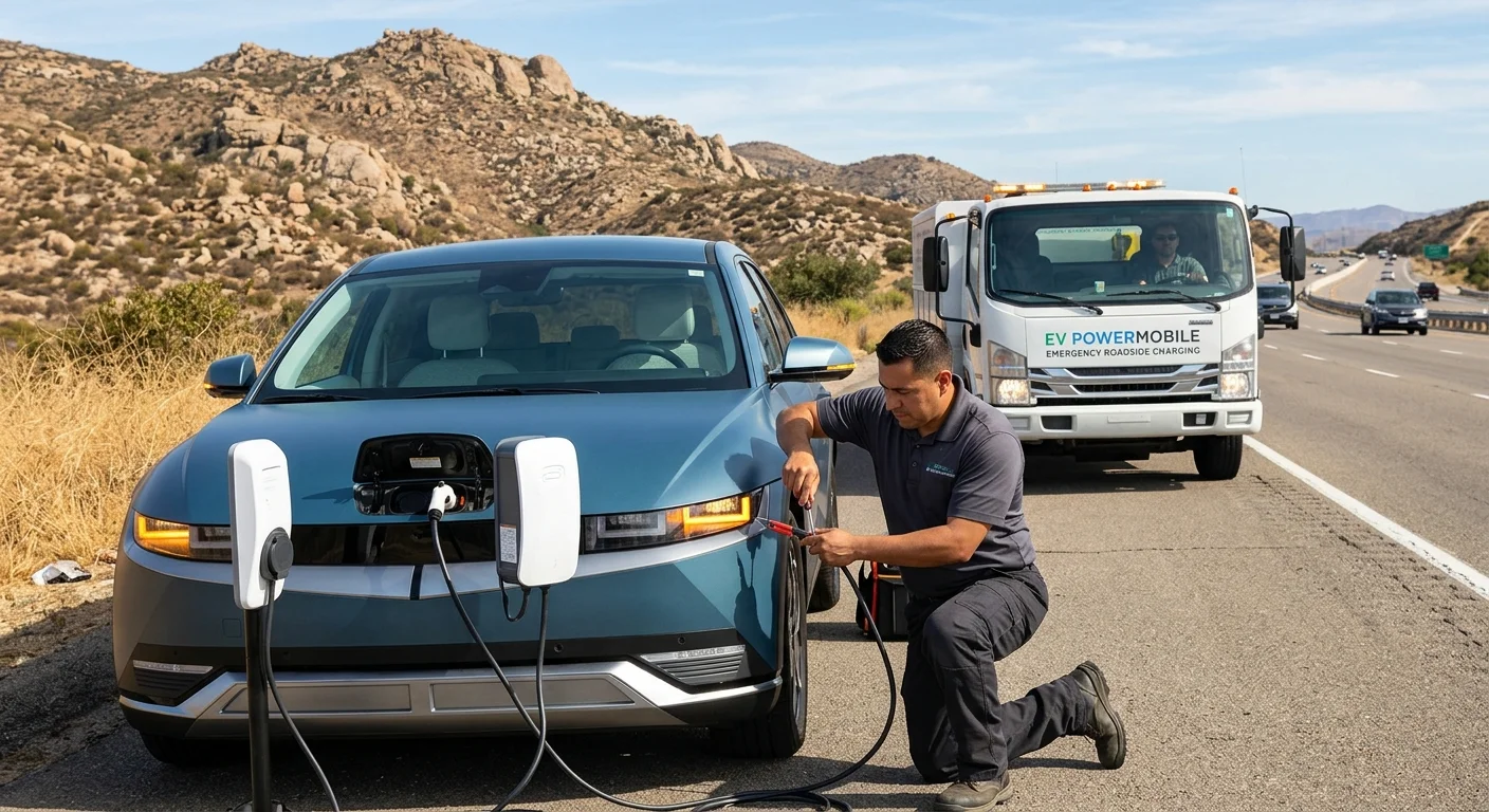 A technician kneels beside a stopped electric car on a road shoulder, connecting a cable from a mobile charging truck parked behind it.