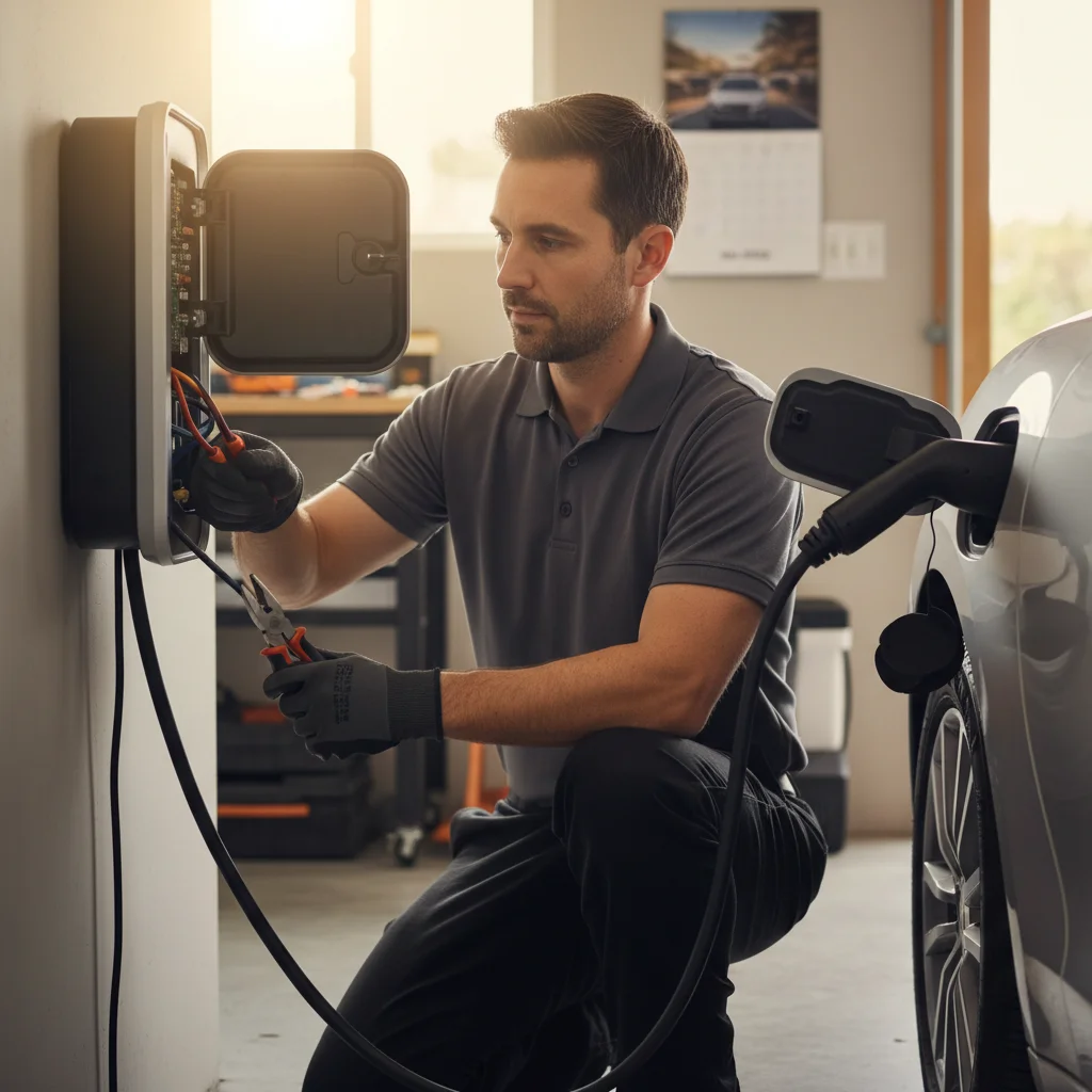 A charging cable seated in an EV port beside a service vehicle on the roadside