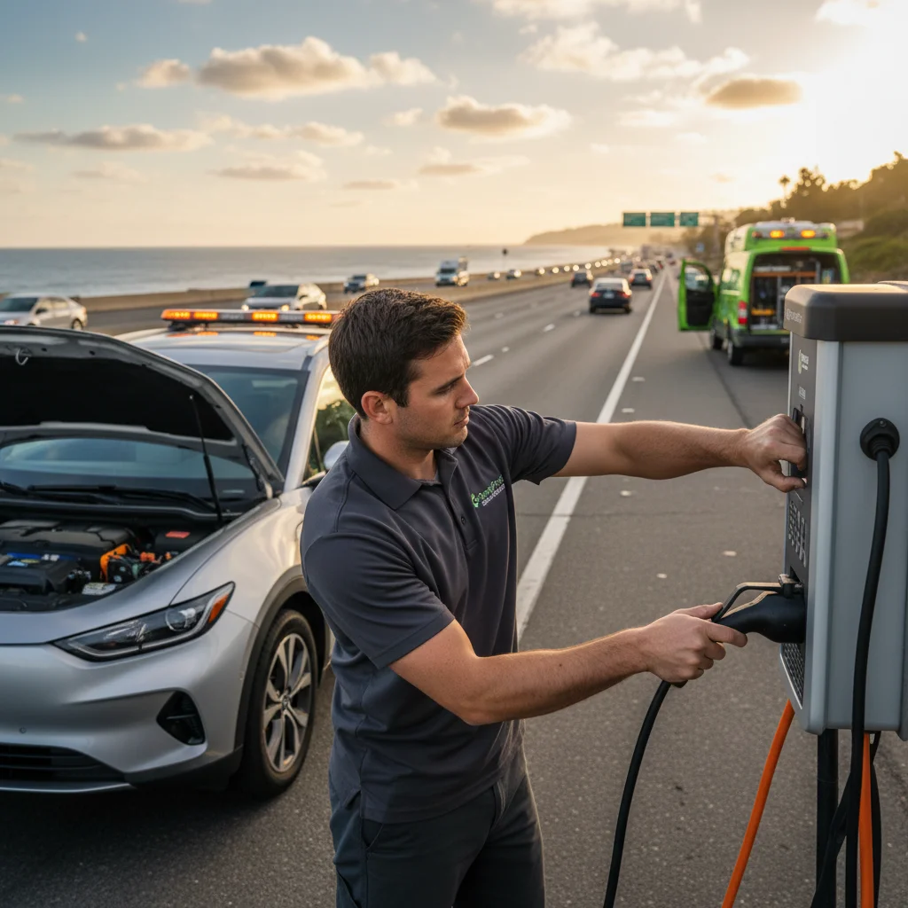 Jumper leads clipped to an EV 12-volt battery in an open parking lot