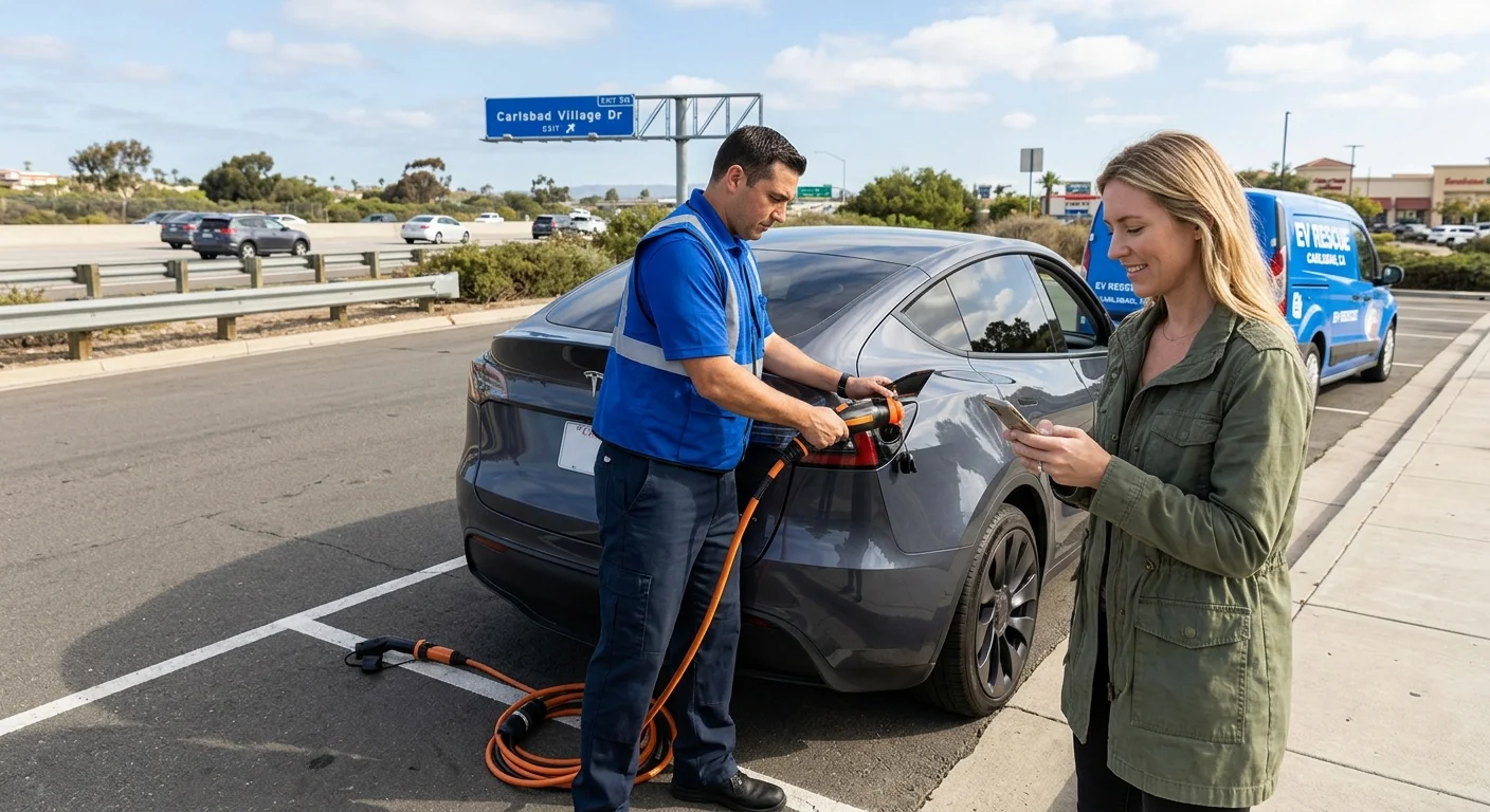 An electric vehicle parked on a shoulder along the Pacific coast highway with fog over the hills.