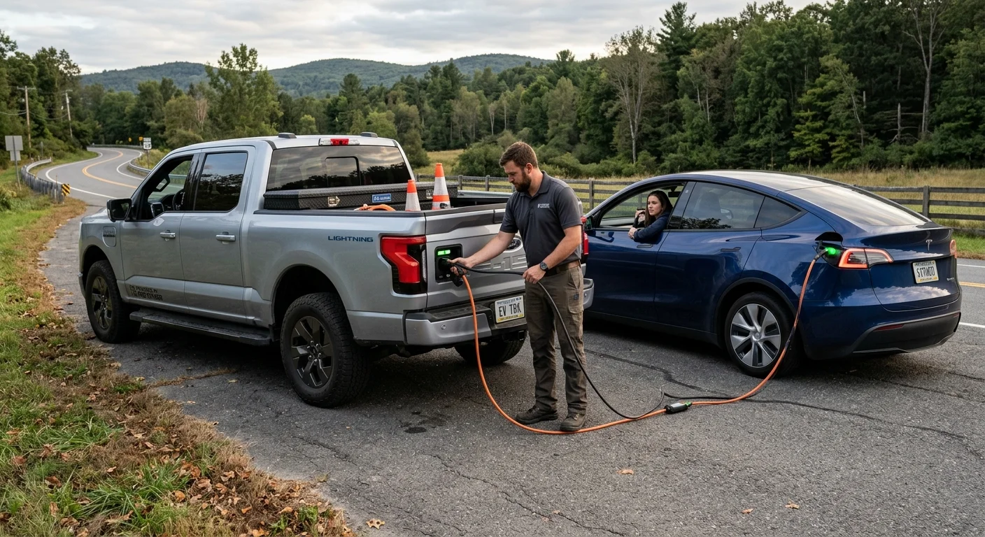 An electric pickup parked beside another EV on a paved shoulder, with a charging cable from the truck bed to the charge port