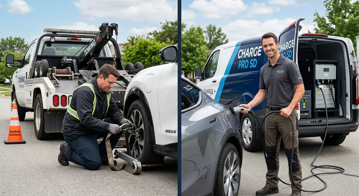 A split image: a standard tow truck on one side and a mobile EV rescue vehicle delivering charge on the other.