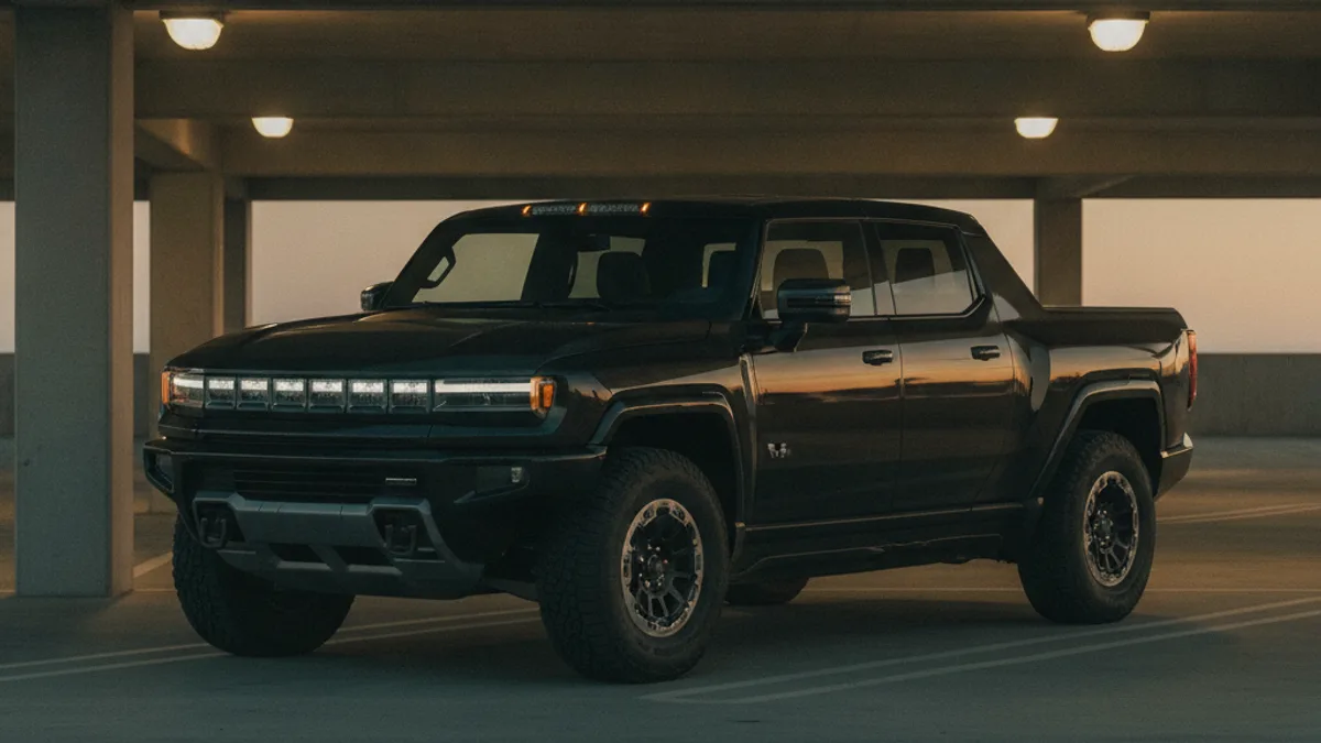 A large electric pickup parked in a dim garage with a dark, unlit cabin.