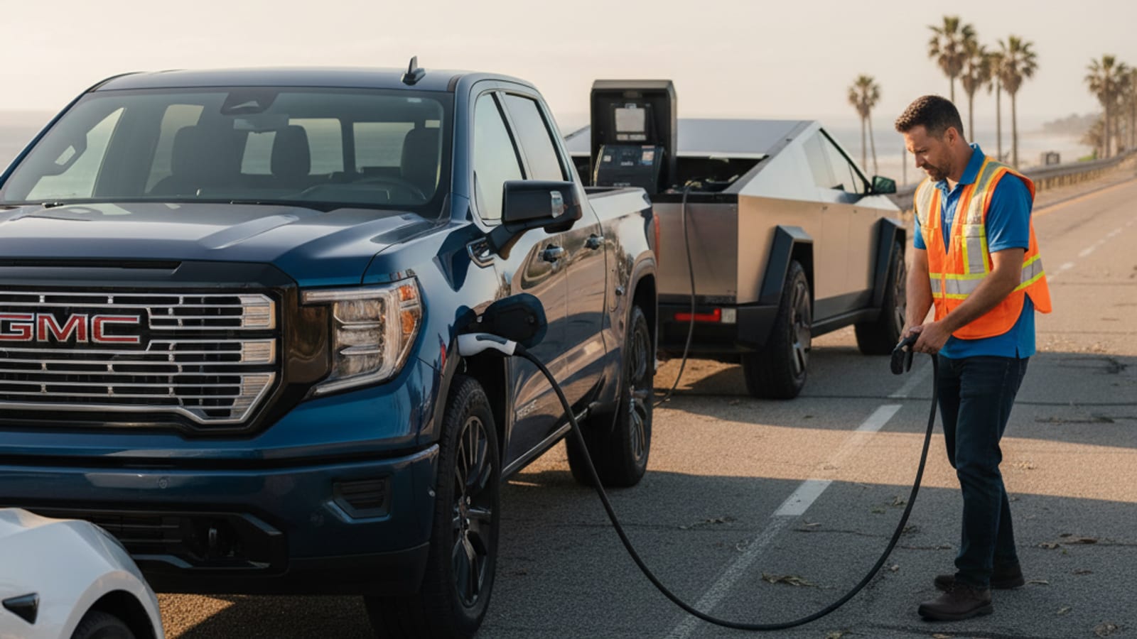 Electric pickup on a highway shoulder with hazard lights on while a cable connects at the rear charge port