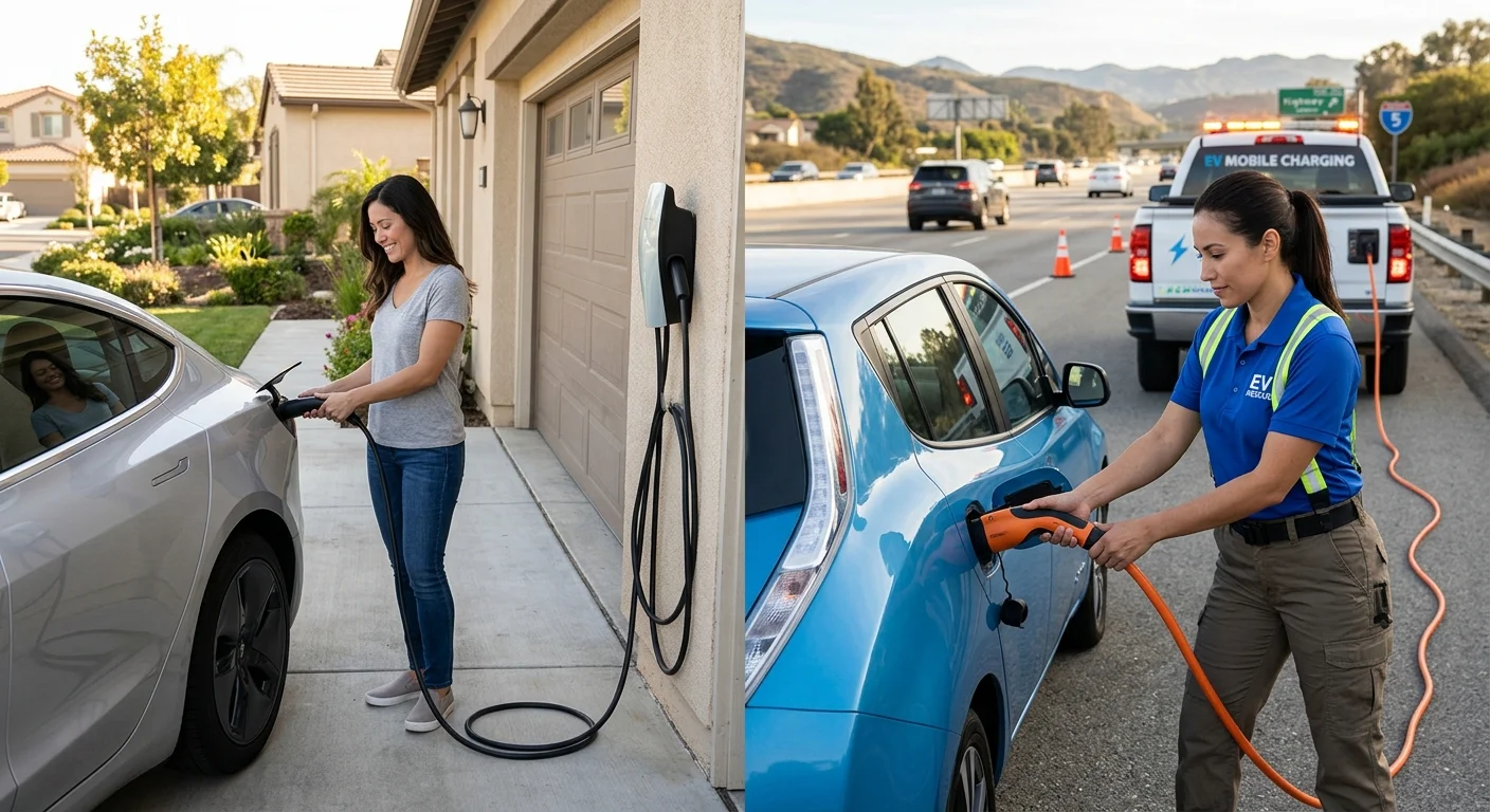 Split view of a garage wall charger and an EV on a paved shoulder next to a portable charging unit