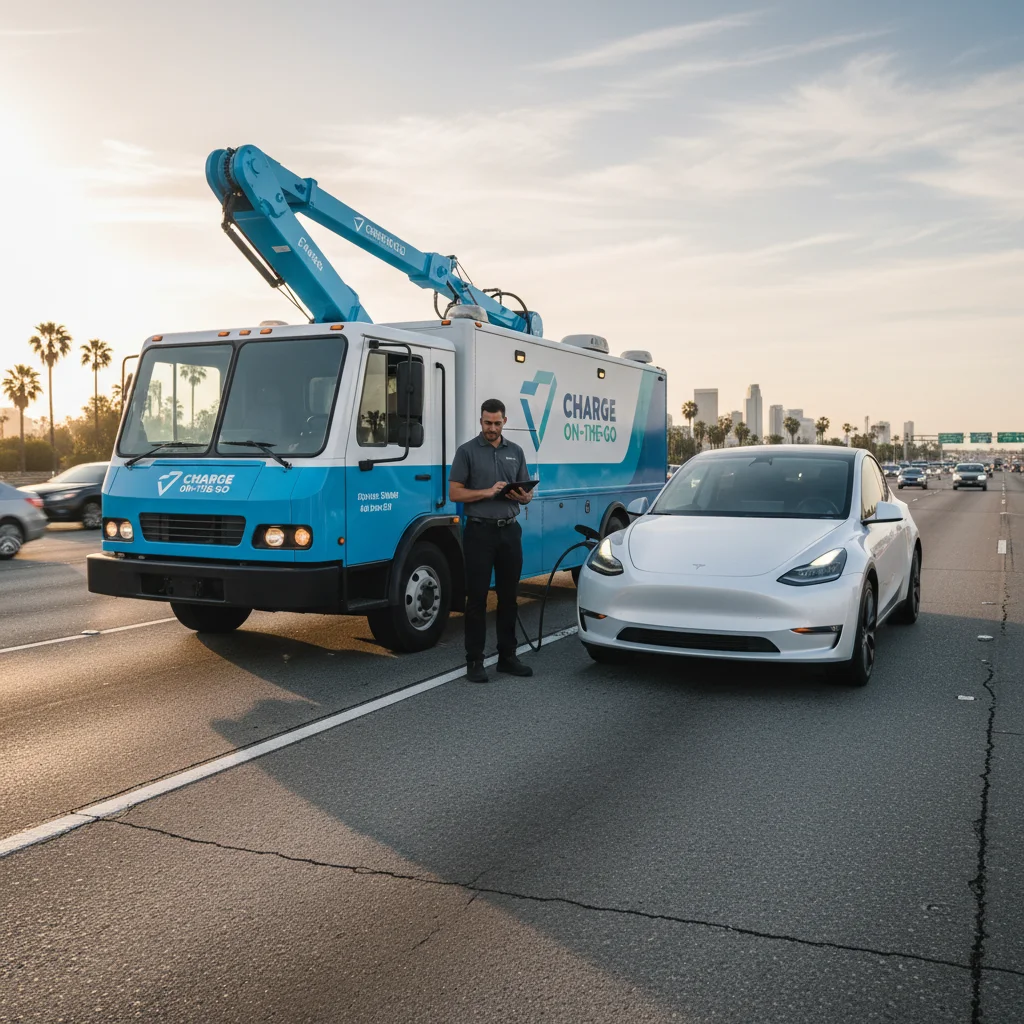 A roadside van with a charging cable plugged into a stranded electric car on a freeway shoulder