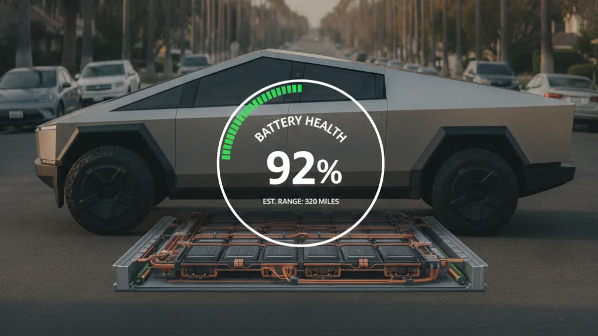 Electric car parked on a paved shoulder with the driver checking the dashboard screen