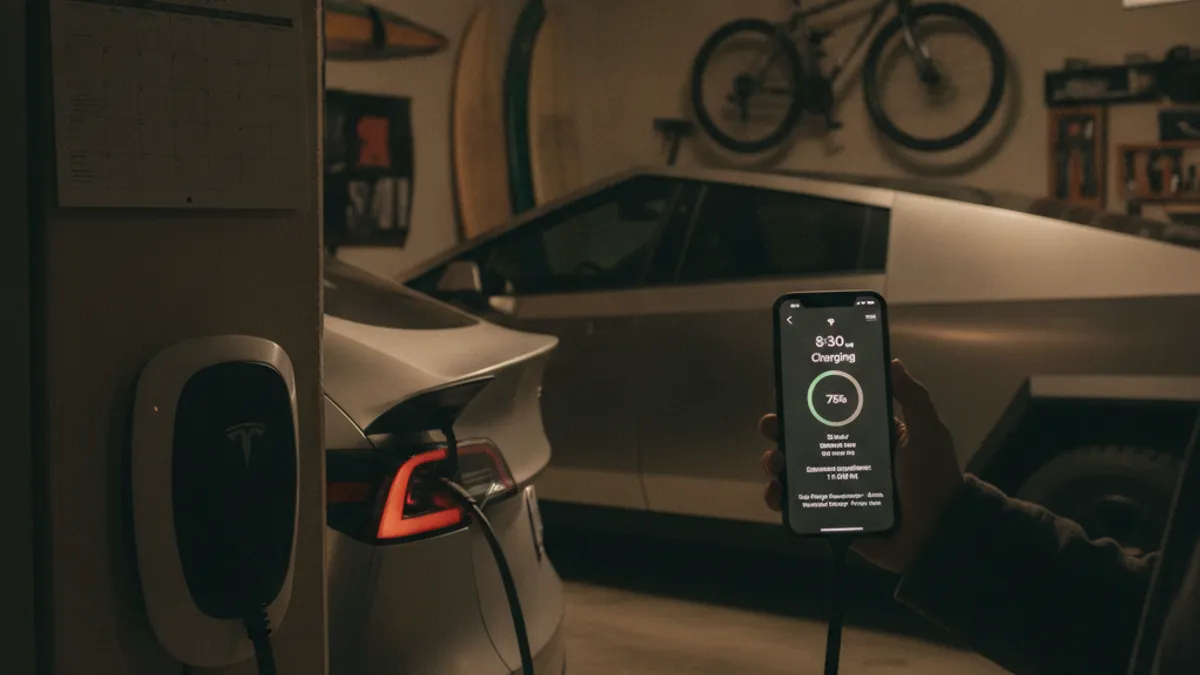 Parked electric car on a paved shoulder at dusk, with a person waiting beside the vehicle