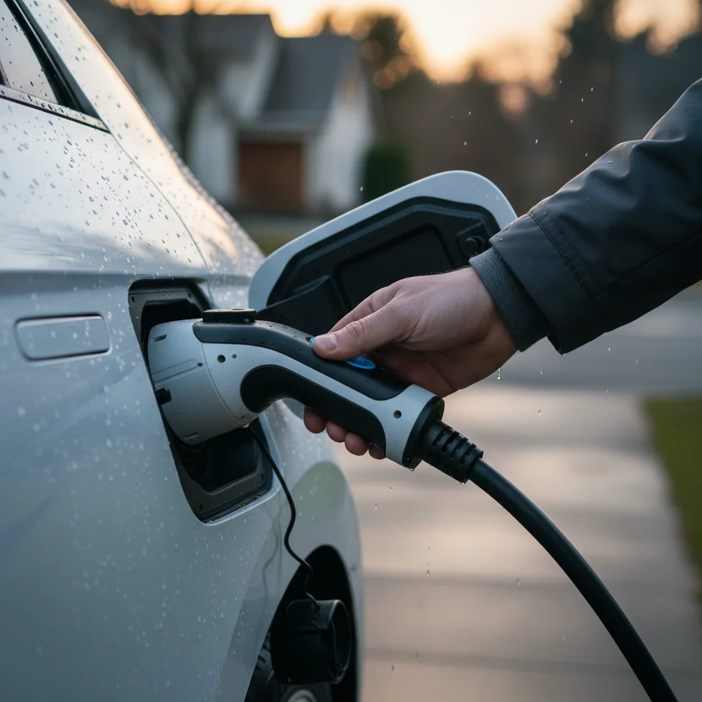 A close-up of a CCS charging connector seated in an Ioniq 5 charge port on a rainy day.