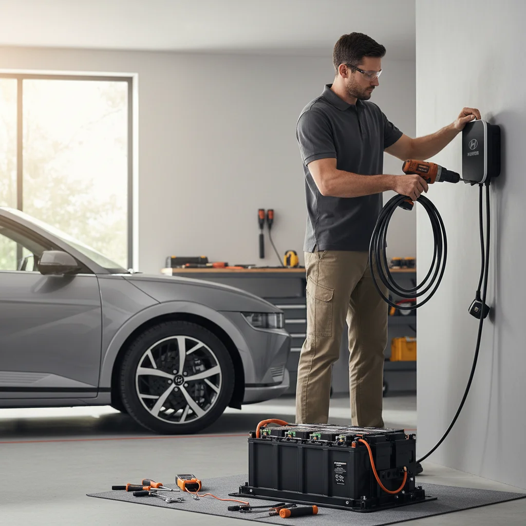 A 240V Level 2 charging cable plugged into a Hyundai Ioniq 5 in a residential driveway.