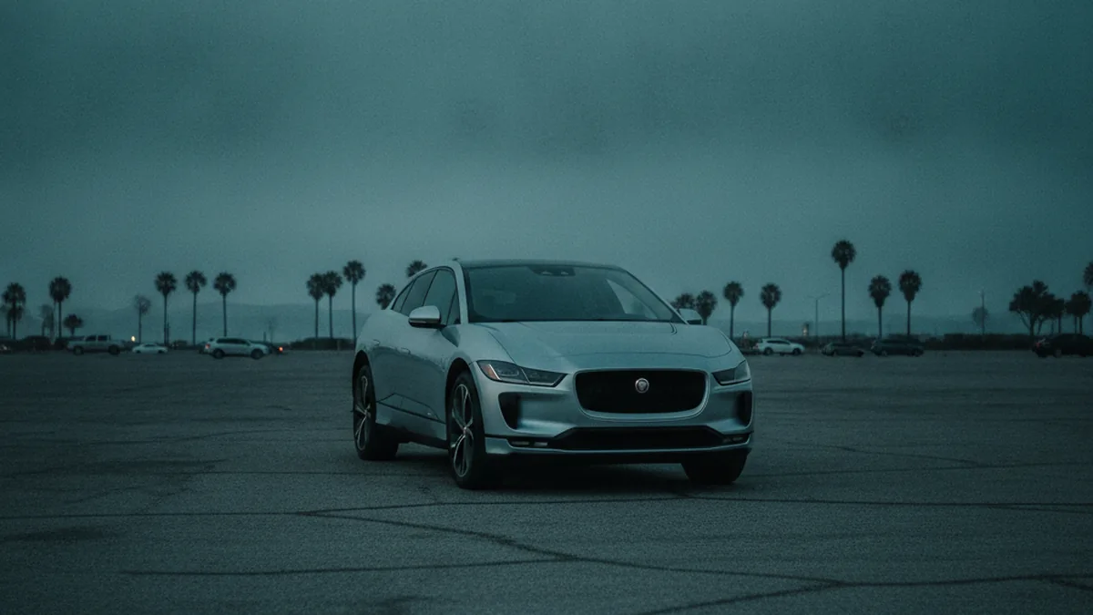 A Jaguar I-Pace parked on a Bay Area street with the driver's door open and a dark dashboard.