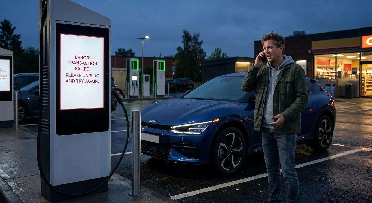 An electric crossover parked at a curbside charging post at dusk with the port door open and the dashboard illuminated.