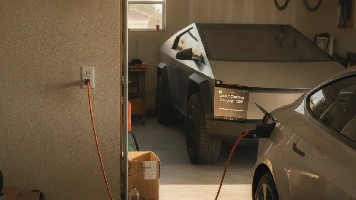 An EV charging cable plugged into a standard household wall outlet in a Bay Area garage, with the car's dashboard showing a slow charging rate.