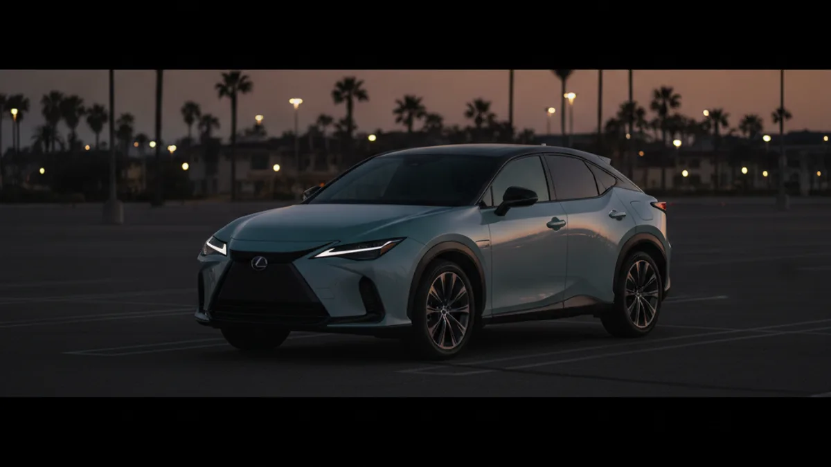 An electric crossover parked in a dim lot at dusk with a dark, unlit dashboard, illustrating a dead 12V battery.