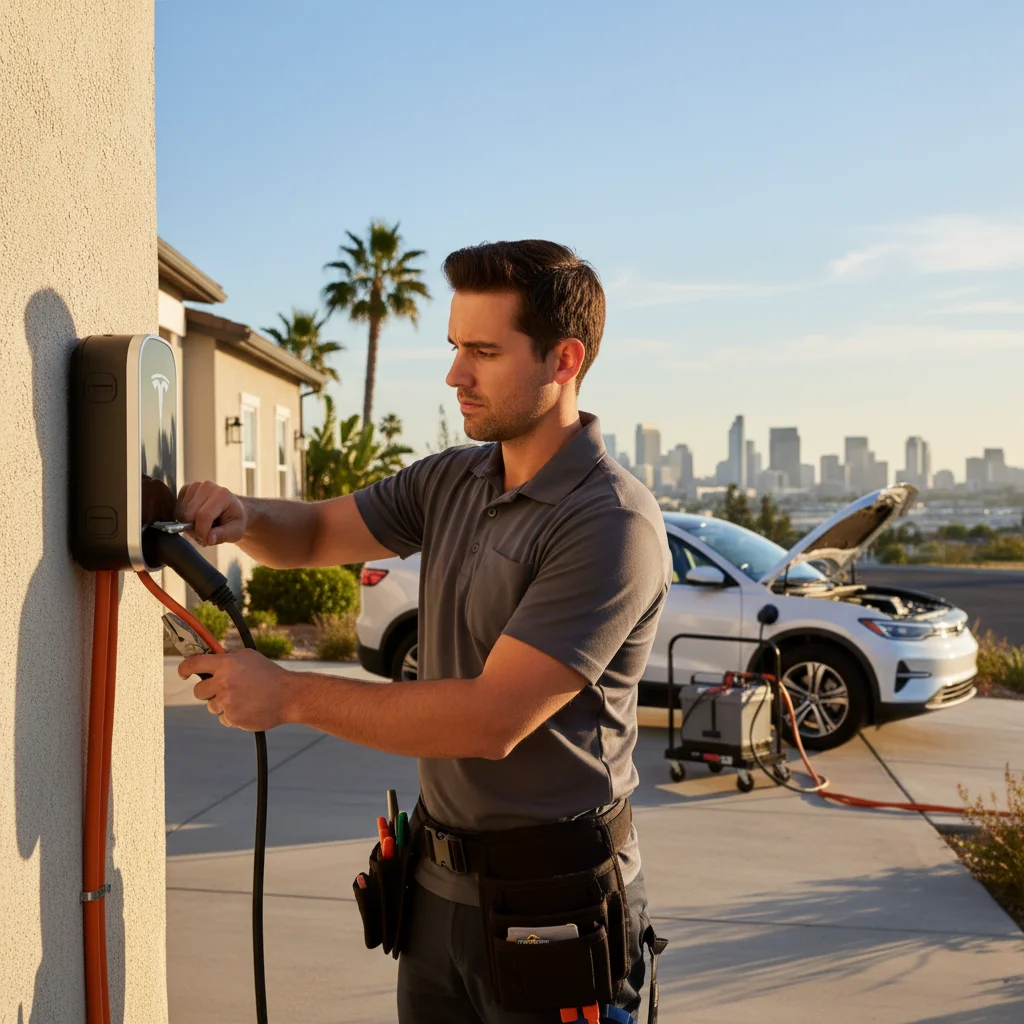 A luxury electric sedan parked in a Bay Area driveway with the charge port door open at dusk.