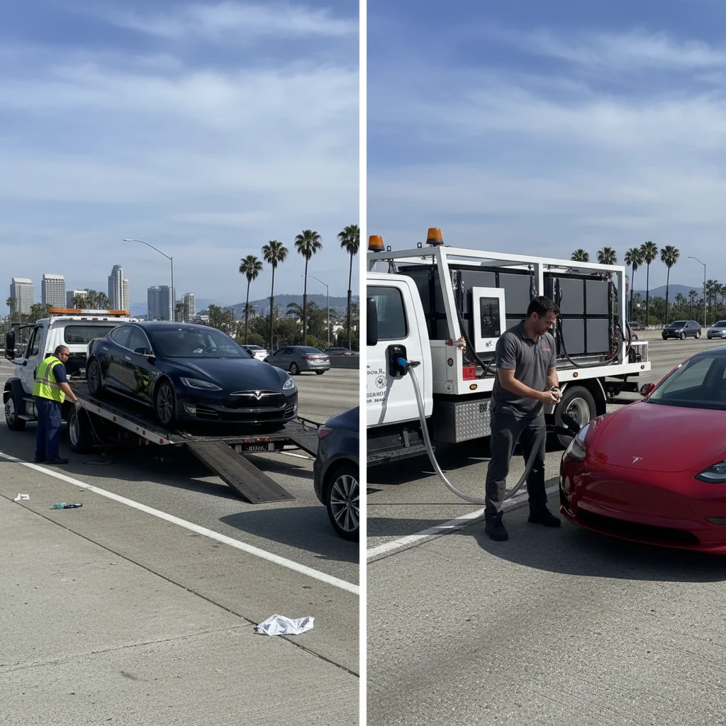 A split frame showing a tow truck loading an EV and a mobile charger plugging into an EV on a Bay Area shoulder.
