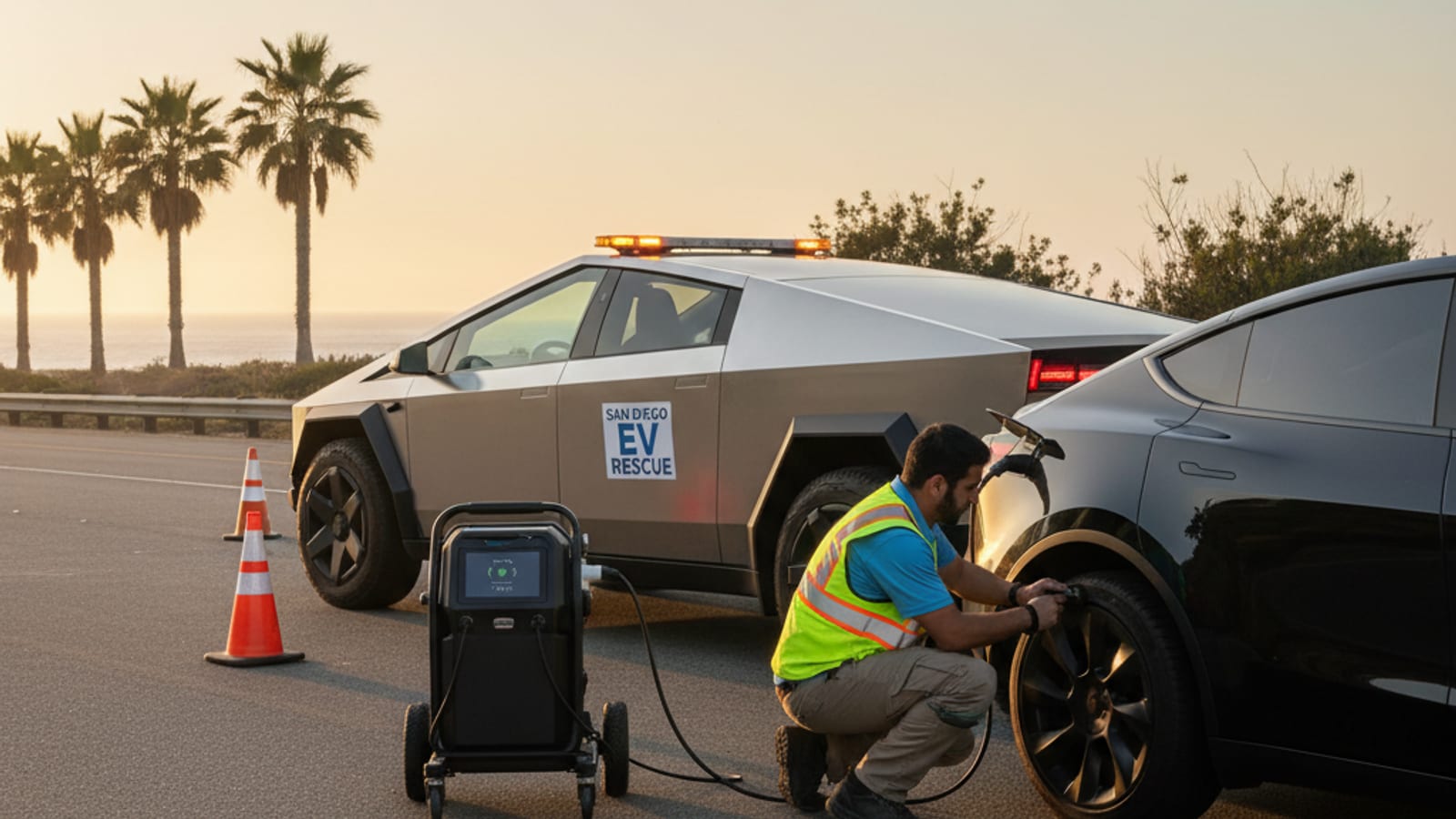 An operator vehicle with a charging cable extended to a stranded EV on a Bay Area street shoulder.