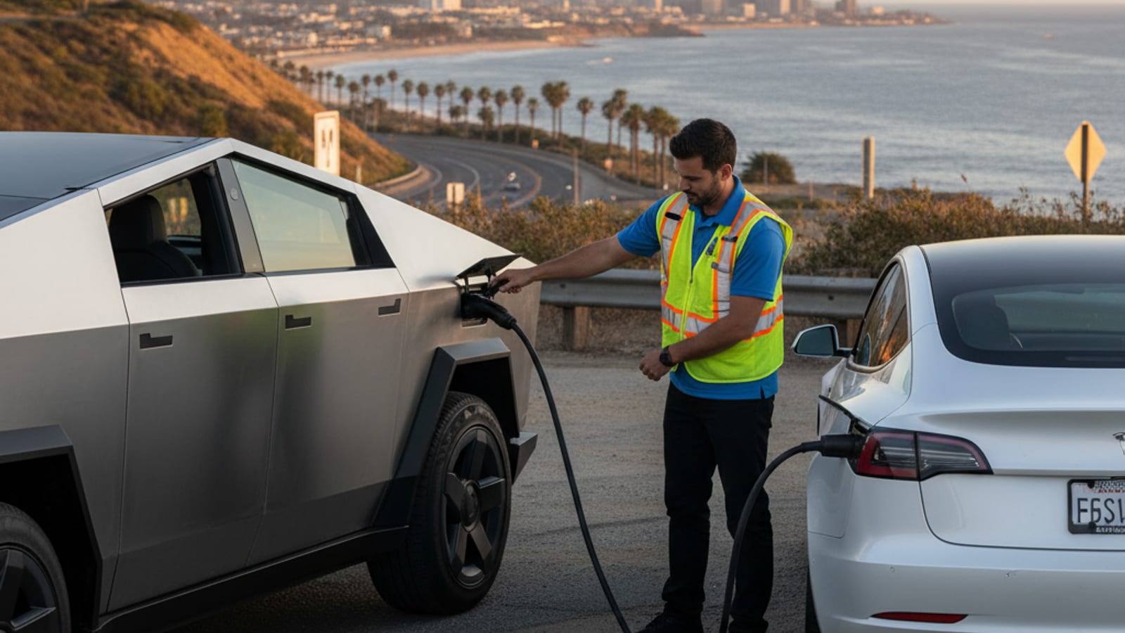 An operator vehicle with a charging rig parked beside a stranded EV at a curb in a dense Bay Area neighborhood, residential buildings in the background.