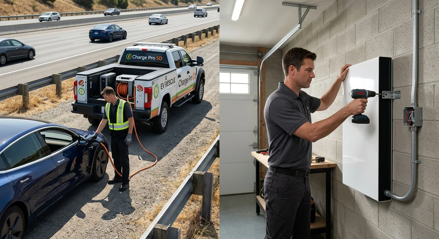 A split view: on the left, an operator vehicle charging a stranded EV at a curb, on the right, a wall-mounted home battery on a residential garage wall.